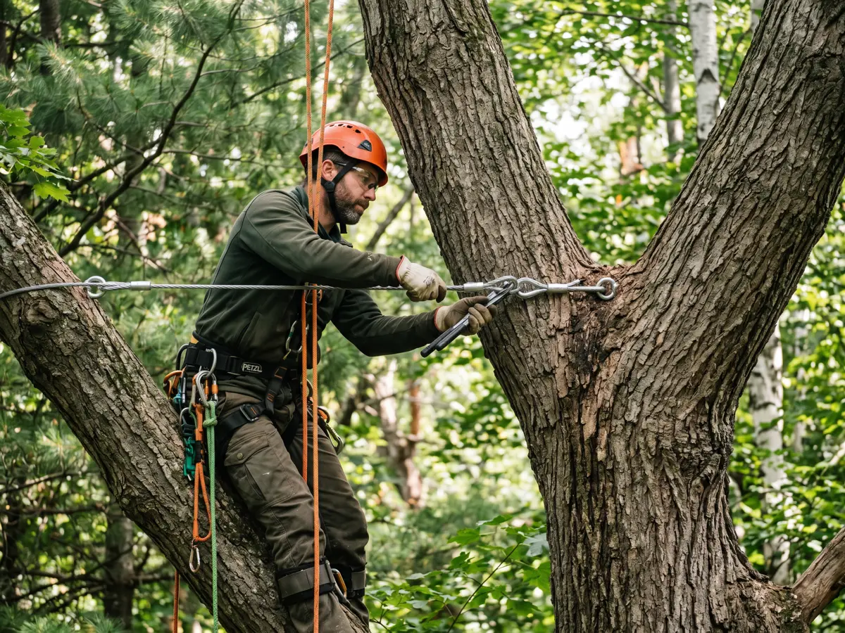 Installation de câbles de haubanage sur un arbre mature